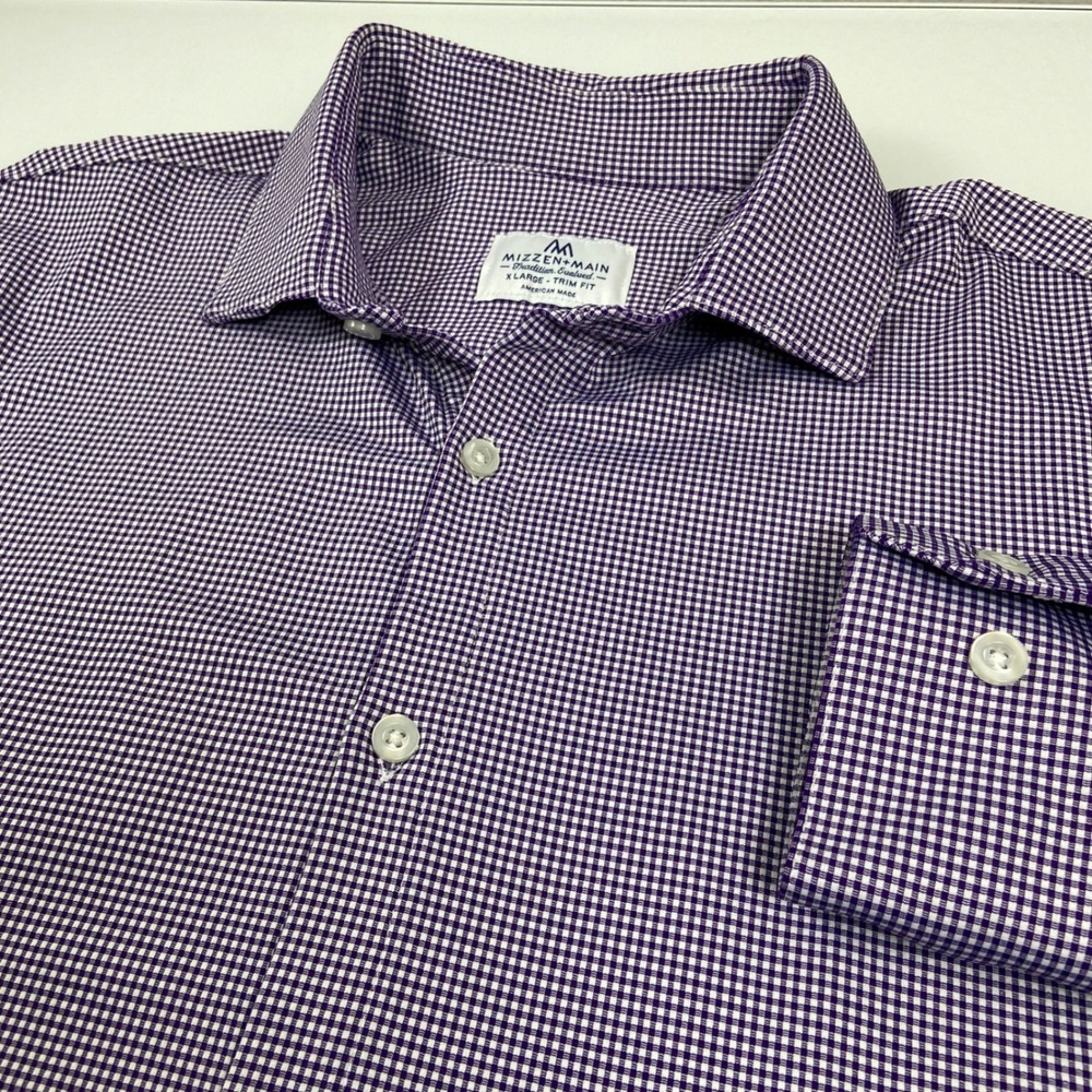 Mizzen+Main Mens XL Purple Gingham Knit Dress‎ Shirt Trim Fit Business Casual